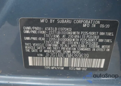 2021 Subaru Crosstrek z USA, uszkodzony, nr VIN JF2GTABC7MH269639